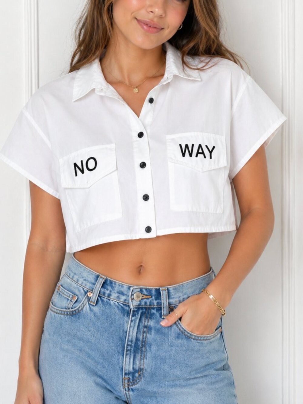 White “No Way” Cropped Button-Up Shirt – Short Sleeve Graphic Pocket Top